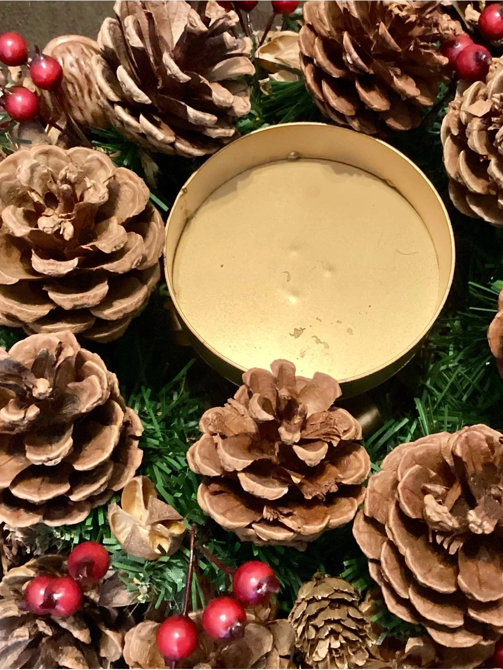 Holiday Pinecone and Berry Candle Wreath - Brown/Red